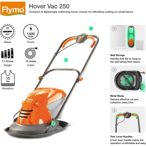 Flymo 967909301 Hover Vac 250 Lawn Mower, 1400W, 25cm